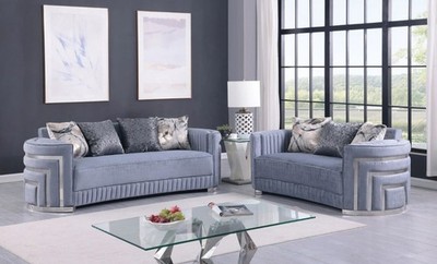 NEW 2PC Gray Silver Sofa Loveseat Luxe Velvet Contemporary Glam Living Room Set
