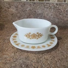 Vintage Pyrex Butterfly Gold Gravy Boat With Under plate.  In Very Good Cond.
