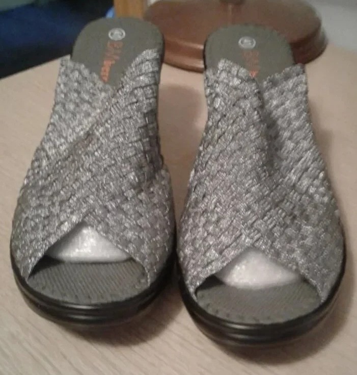 Bernie Mev Sun Chesca Woven Pewter Metallic Mules 3" Heel BRAND NEW Sz.41/11