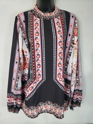 HALIFE BLOUSE WOMEN'S SIZE LARGE Floral Stripe Long Sleeve Boho Prairie Peasant