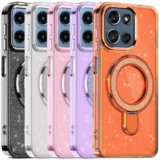 For Moto G Play 2026 Case Transparent Glitter Rotaional Magnetic Ring Stand