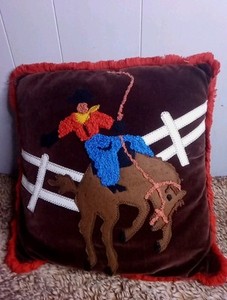 The Land of Nod Western Cowboy Riding Bronco Rodeo Embroidered Throw Pillow USA 