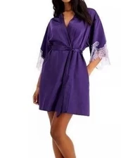 I.N.C. International Concepts Women XL Purple Lace-Trim Short Satin Robe Pockets