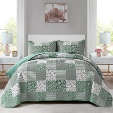 Sage Green Boho King Quilt Set, 3-Piece Reversible Soft Plaid Floral Bedding ...