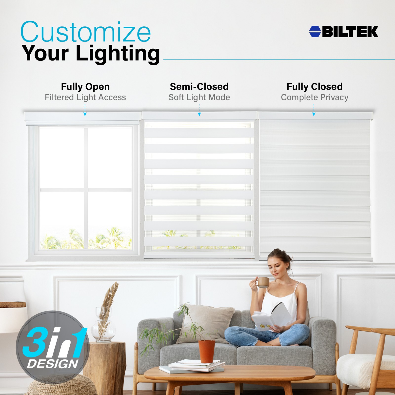 Cordless Window Roller Shades Free-Stop Dual Layer Zebra Blinds - 38"x72"