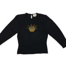 Susan Bristol Vintage Black Crewneck Sweater Embroidered Floral Basket Large