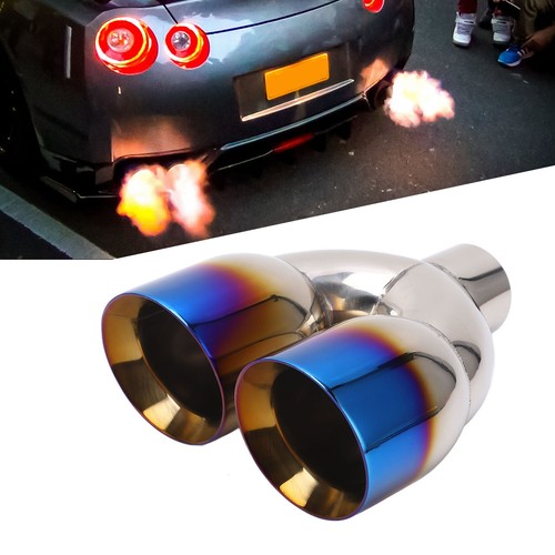 Ι Double Exhaust Tailpipe 2.4in Inlet 4in Outlet 9.6in Length Blue Burnt Beveled - Picture 5 of 12