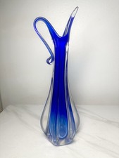 Murano Style Art Glass Vase Blue Cobalt Swirls, Italian Design