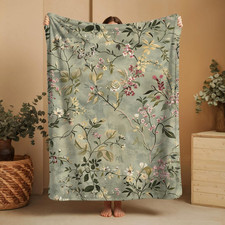 Sage Green Floral Flannel Blanket Romantic Botanical Vintage Decor Throw