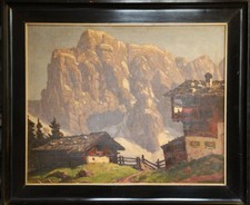 Tiroler Berghof di fronte ad un'alta parete di montagna. Dipinto olio su tavola di legno. Firma 