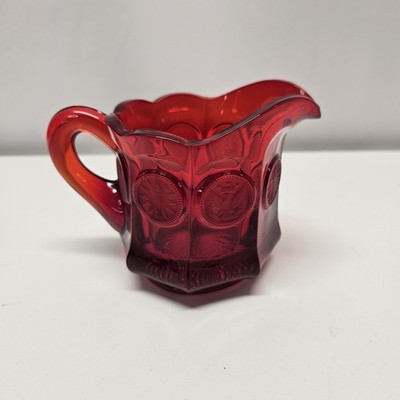 Vintage Fostoria Glass Company Red Coin Creamer Pitcher Eagle Torch Star Coins