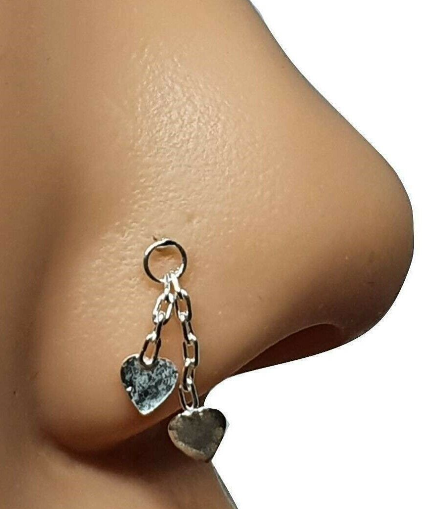 Heart Nose Stud Chained Love Hearts 22g (0.6mm) 925 Sterling Silver Ball End