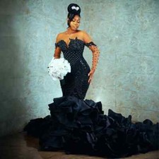 Black Pearl Sequin Mermaid Wedding Dresses Long Sleeve Beaded Bridal Gowns