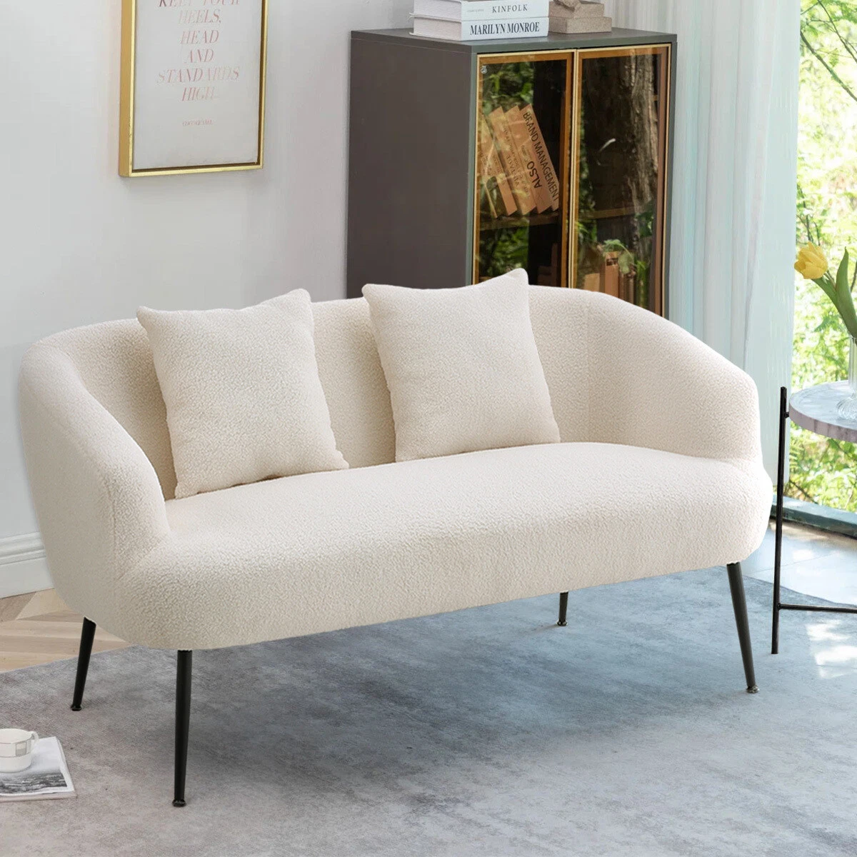 2 Seater Loveseat Upholstered Teddy Fabric Lounge Armrest Sofa Chair Couch White