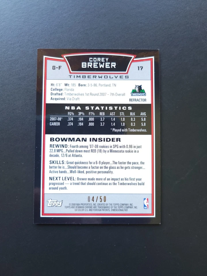 2008-09 Bowman Draft Picks & Stars Chrome Gold Refractor /50 Corey Brewer #17 — 第 3/4 张图片