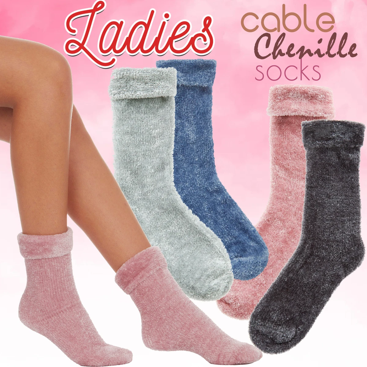Womens Chenille Cosy Fluffy Socks Turn Over Top Plain Luxury Thermal Size UK 4 8