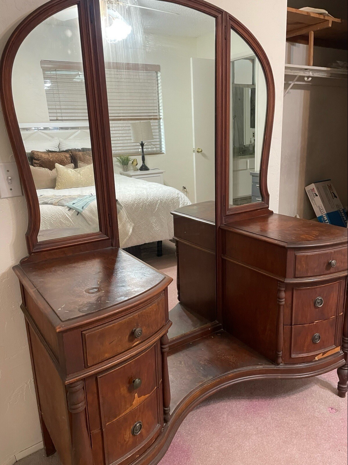 Antique vanity with trifold mirror eBay