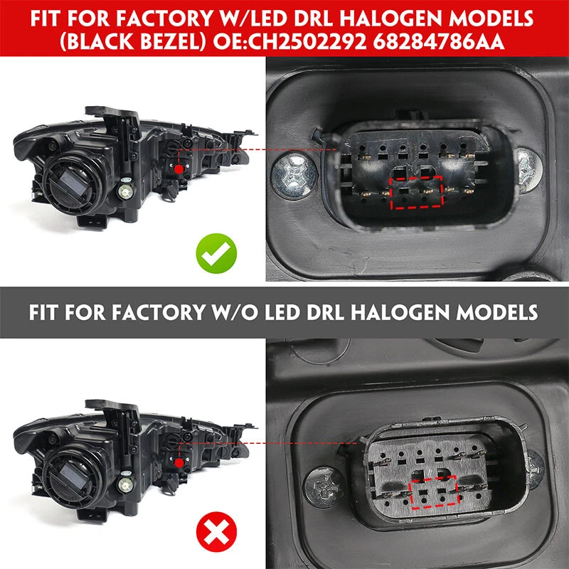 Pair Black Trim w/ LED DRL Halogen Headlights For 2015-2017 Chrysler 200 LH RH Foto 3 de 4