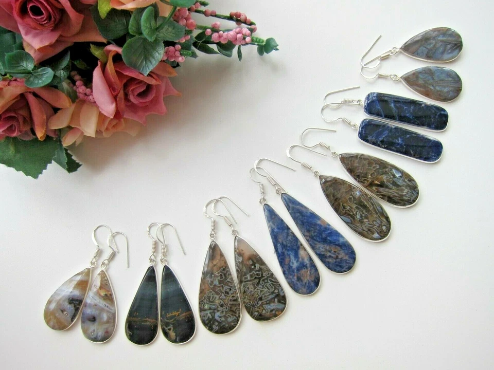 Natural Blue Sodalite Stick Agnate or Other Gems Long Drop Earrings. - Image 3 of 4