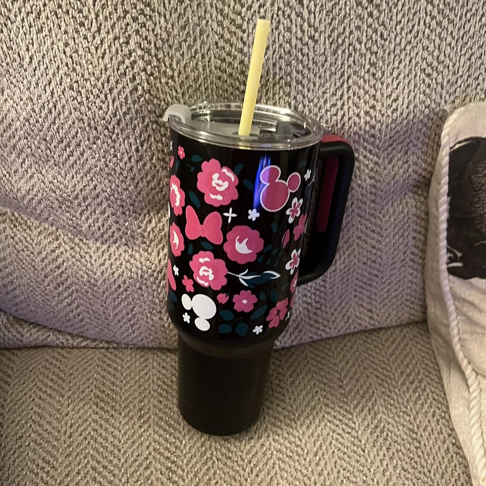 ¡NUEVO! Vaso de acero inoxidable floral negro y rosa Mickey & Minnie Mouse 40 oz Foto 2 de 4