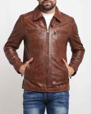 Mens Leather Lambskin Brown Jacket Motorcycle Slim Fit Zip Front Riding Coat