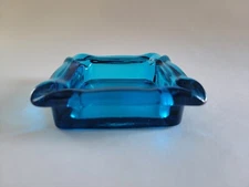 Mid Century Ashtray Blue Studio Art Glass 5 Inch Square 