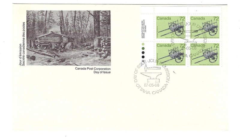 Canada 1987 Block of  Hand Drawn Cart Stamps 1st Day of Issue + Envelope