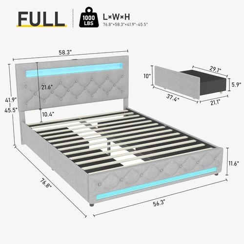 LED Queen Full Size Bed Frame with 4 Storage Drawers Upholstered Platform Bed - Picture 18 of 32