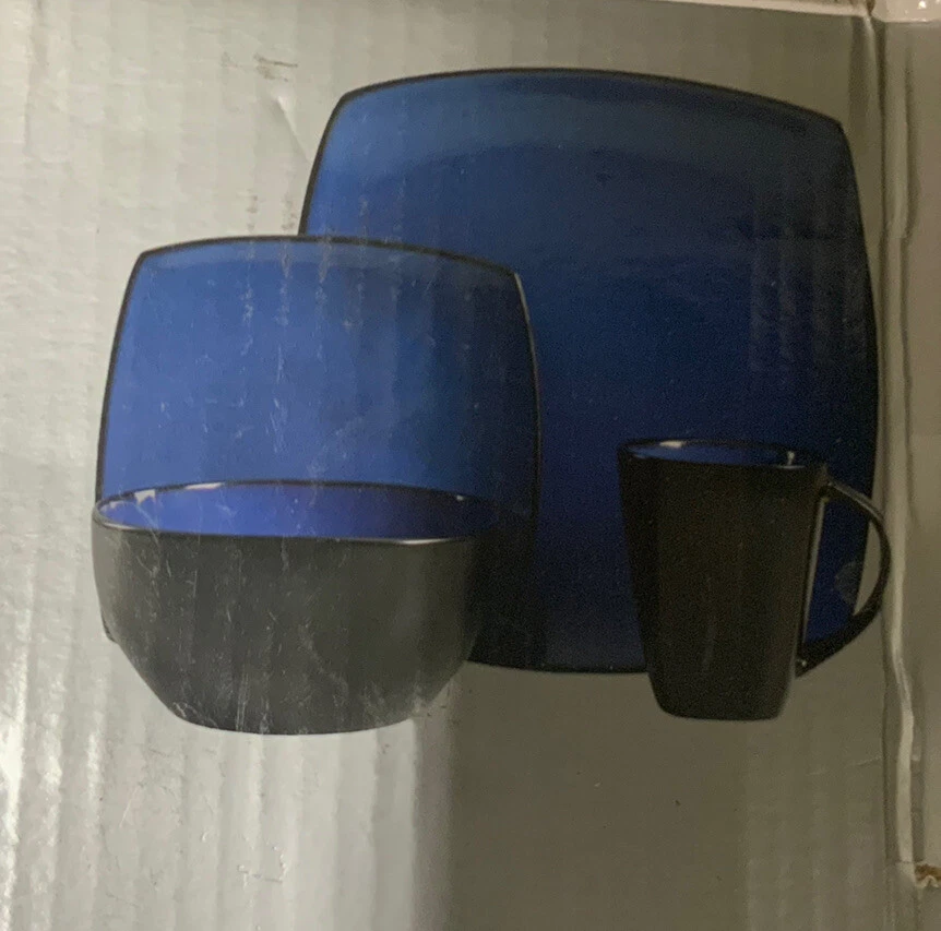 🍽️ Gibson SoHo Lounge 16 Piece Stoneware Dinnerware Set Black/blue 🆕 - Image 2 of 4