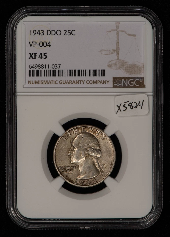 1943 DDO 25c Silver Washington Quarter - VP-004 Double Die - NGC XF 45 - X5824 - Image 2 of 4