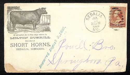 Milton Durrill Short Horn Breeder Sedalia, MO 1886 Adv. Postal Cover Scarce - Picture 1 of 2