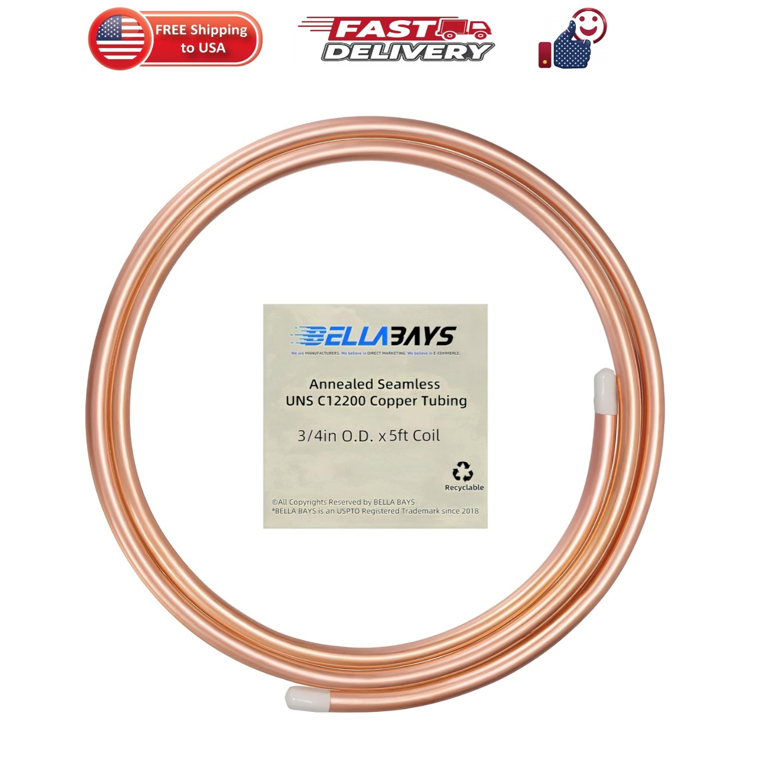 Copper Tubing 3/4" OD x 0.687" x 5 ft, 99.9% C12200 ASTM B280 Refrigeration A...