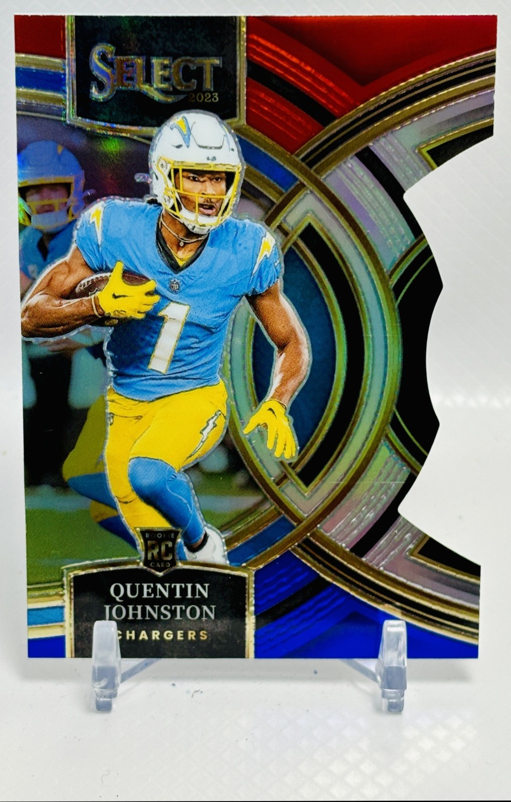 2023 Panini Select Quentin Johnston Red & Blue Prizm Die Cut #196 RC Chargers