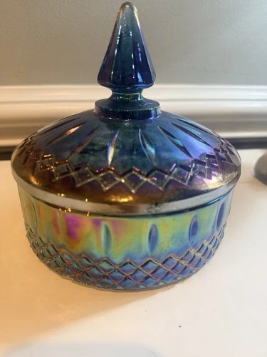 Vintage Blue Carnival Glass Covered Candy Dish w/ Lid Iridescent Diamond Pattern