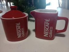 Red NESCAFE  3 Pc Coffee Creamer Sugar Bowl Lid Creamer Cup Mug GIFT NEW!