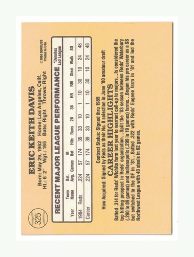 1985 Donruss - Eric Davis #325 - CINCINNATI REDS - ROOKIE RC - Bild 2 von 3
