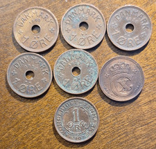 Vintage Denmark Coin Lot, 1 Ore: 7 coins (1909-1940) Circulated