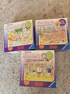 (3) Ravensburger WASGIJ? 1000-Piece Puzzles Lot - High Tide, Camping, Dog Show