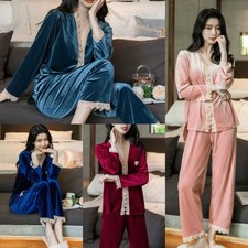 Women's Sleepwear Pajama Set Pleuche Lace Button Long Sleeve V-neck Elegant