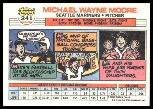 1988 Topps Big Mike Moore Seattle Mariners #241 - Picture 2 of 2