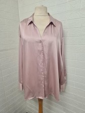 F&F Womens Satin Solid Shirt Ladies Button-up Work Blouse Dusty pink