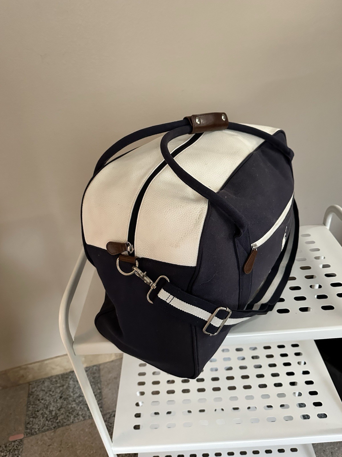 Borsa da viaggio vintage Polo Ralph Lauren blu navy e marrone borsone tela weekend grande pony