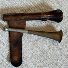 Vintage Brass Fox Hunting Horn w/ Leather Case  Made in England  Coach Hunt Bugle