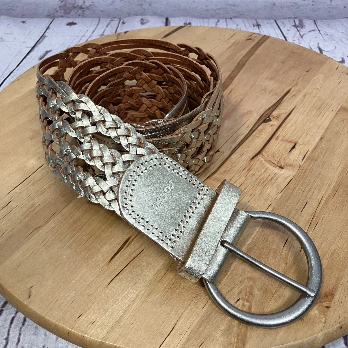 Fossil Genuine Leather Braided Belt Brown Silver Round  display picture 2