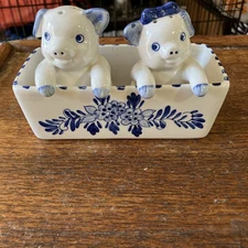 Vintage Delft Blue Salt & Pepper Shakers Hand Painted Pigs in Trough Blue White 