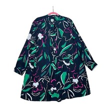 Anne Klein Womens 2X Black Floral Abstract Long Sleeve Tunic Dress Split Neck