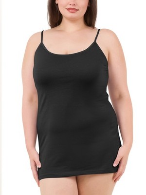 Sugar Sunday Long Cotton Camisole Spaghetti Strap Tank 3X-Large Plus, Black 