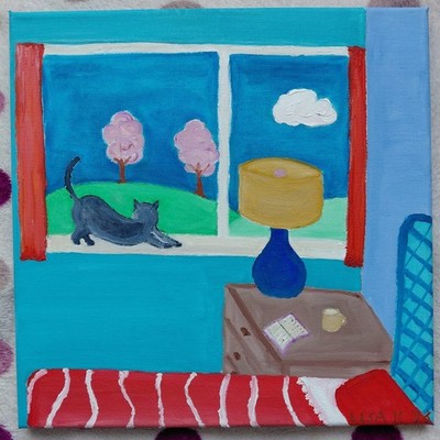 Original Ölgemälde Lisa K 12x12 Nachmittag Stretch Kuschelig Bunt Katze Hygge