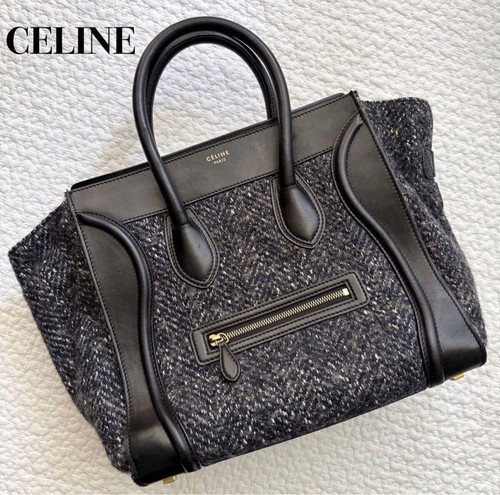 CELINE Luggage Micro Drummed Calfskin Tote Bag Black Grey Navy Authentic Used