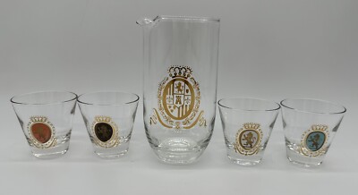Federal Glass Baronet Lion Crest Cocktail Pitcher/4 Shot Glasses Set Vintage MCM